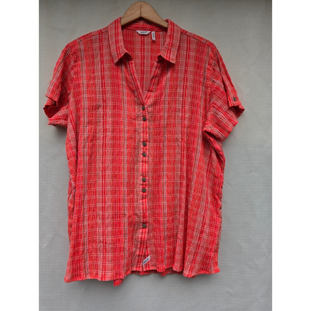 Woolrich Shirt Womens XXL Button Up Crinkle Gauze Plaid Short Sleeve Red Tan